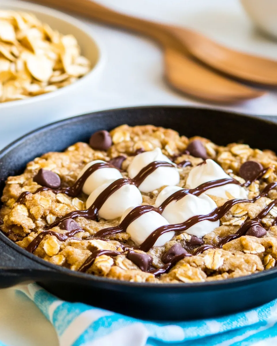 Easy Chocolate Chip-Peanut Butter Oatmeal Skillet Cookie food shot