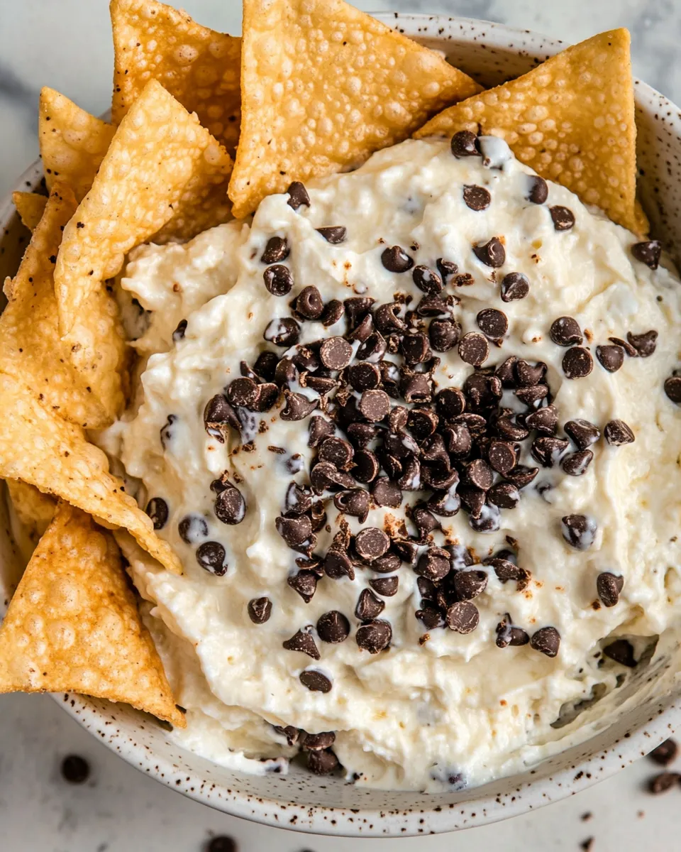 Classic Chocolate Chip Cannoli Dip with Wonton Chips shot
