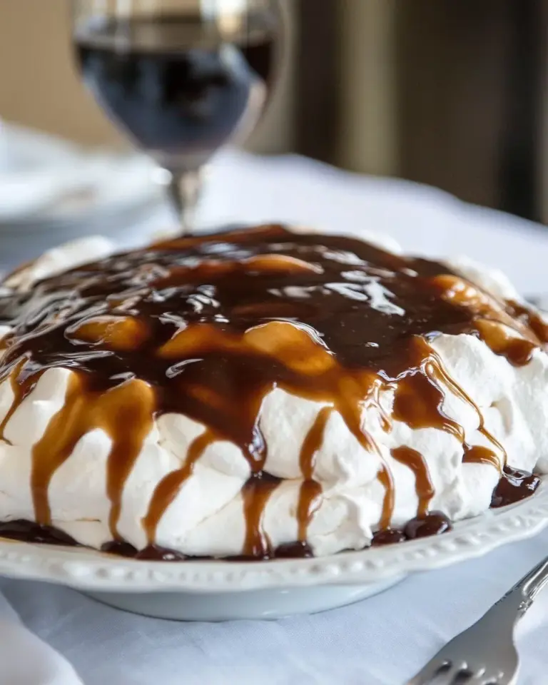 Homemade Coconut Pavlova with Pudding and Caramel Sauce photo
