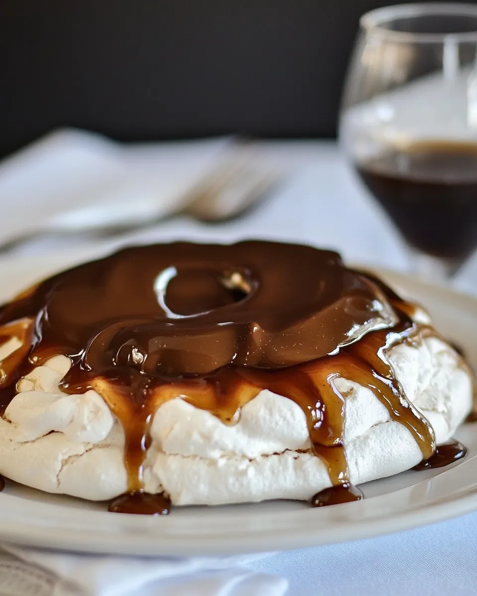 Delicious Coconut Pavlova with Pudding and Caramel Sauce image