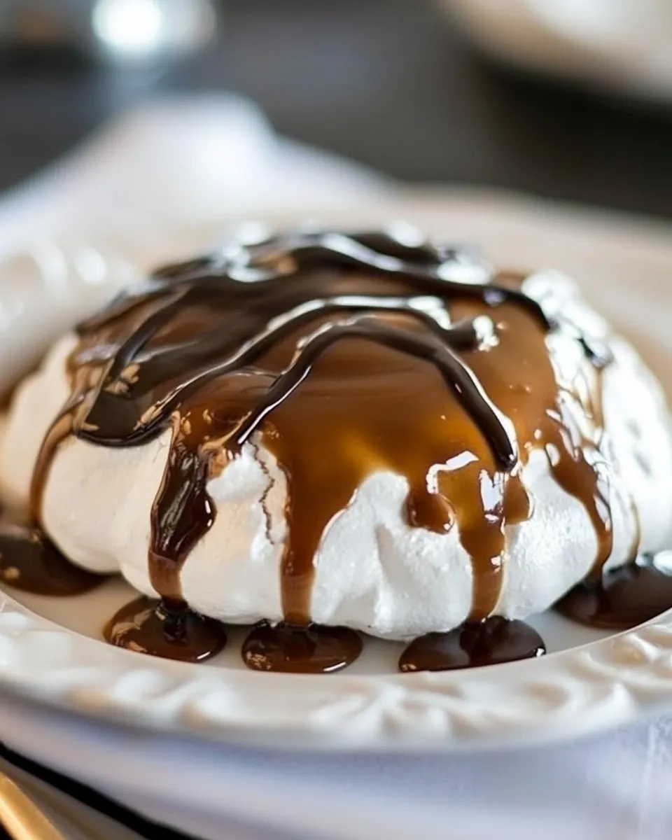 Easy Coconut Pavlova with Pudding and Caramel Sauce shot