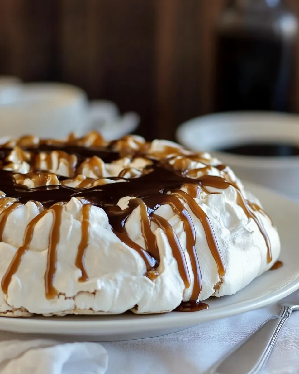 Tasty Coconut Pavlova with Pudding and Caramel Sauce recipe photo