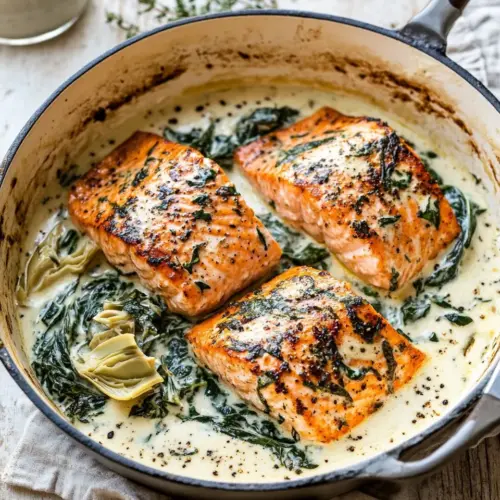 Sweet Creamy Spinach and Artichoke Salmon. recipe photo