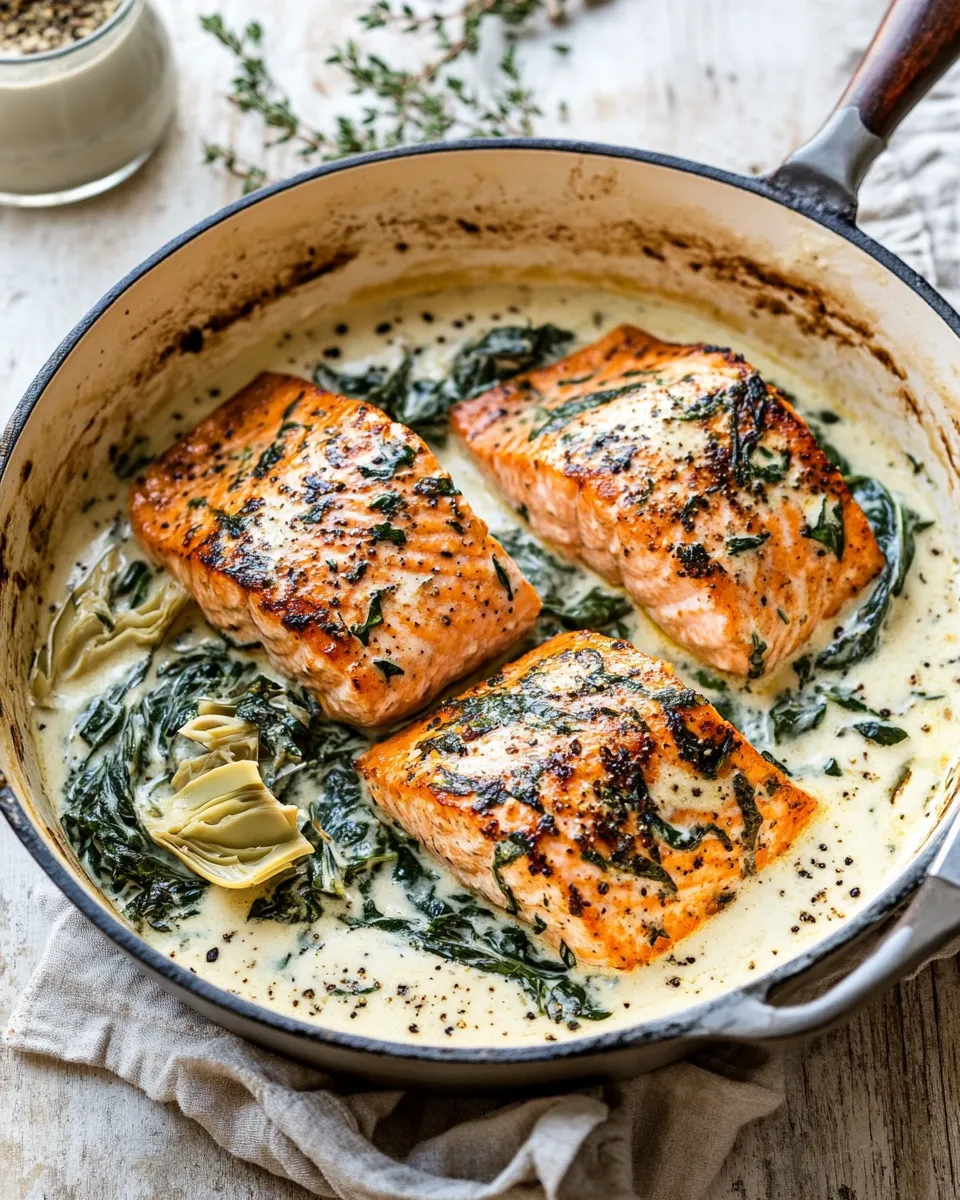Sweet Creamy Spinach and Artichoke Salmon. recipe photo