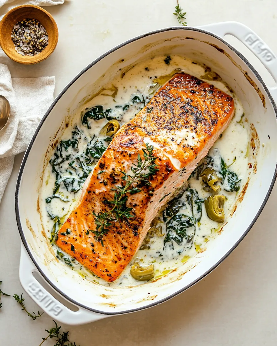 Quick Creamy Spinach and Artichoke Salmon. dish image