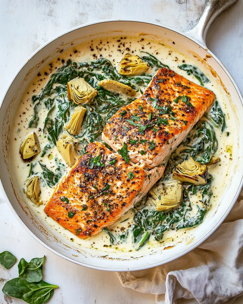 Delicious Creamy Spinach and Artichoke Salmon. recipe photo