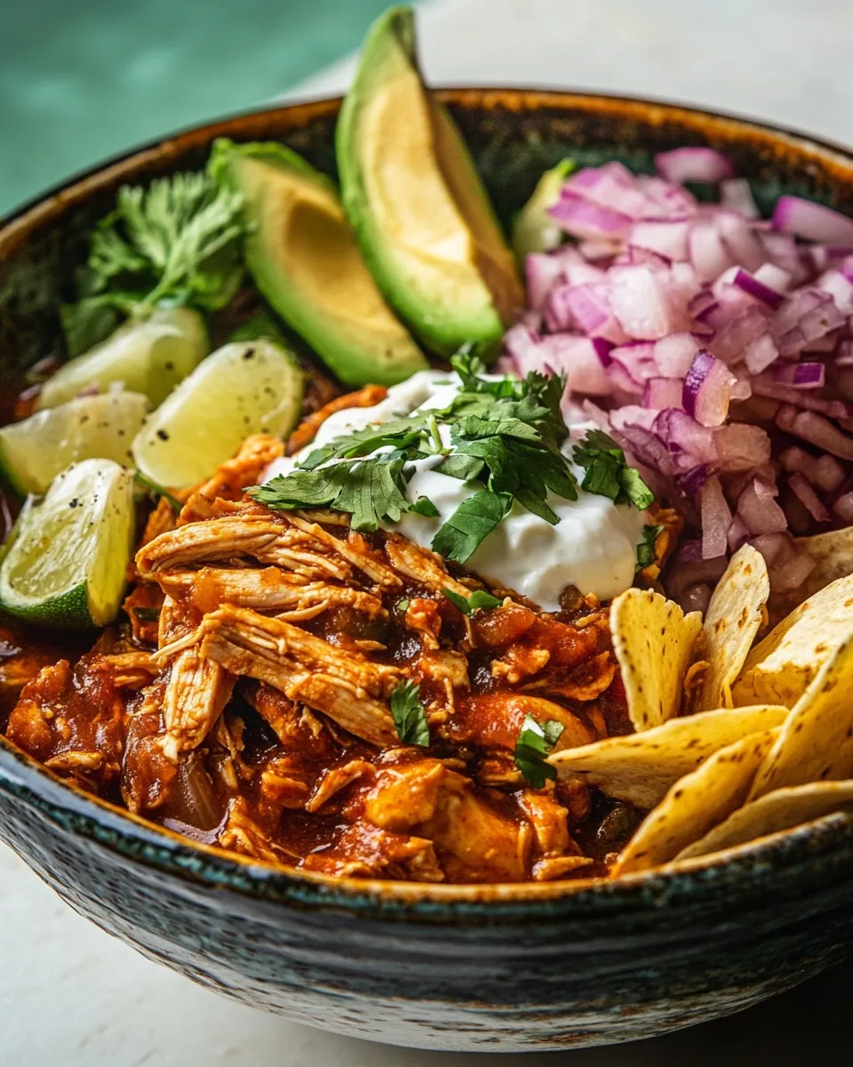 Sweet Crockpot Salsa Verde Chicken Tortilla Bowl. recipe image