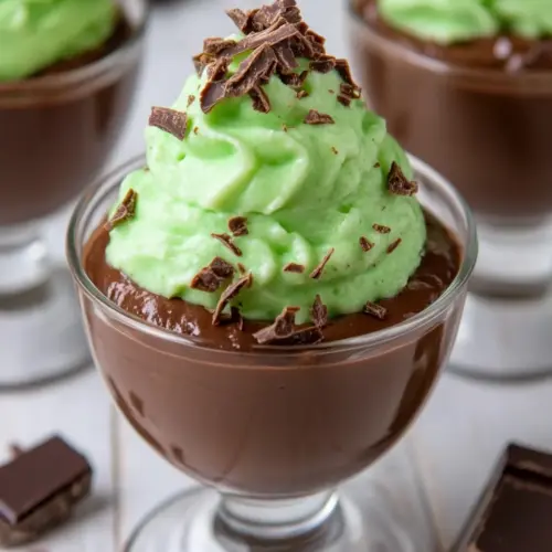 Delicious Homemade Chocolate Pudding Cups with Mint Grasshopper Cream recipe photo