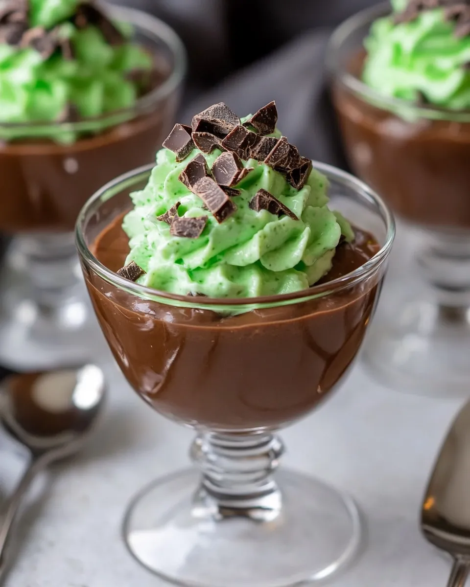 Easy Homemade Chocolate Pudding Cups with Mint Grasshopper Cream shot