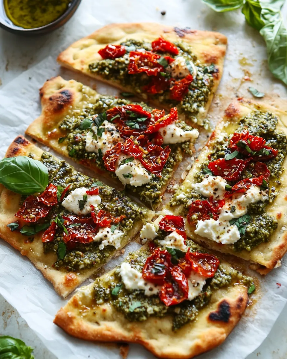 Easy Hummus Flatbread with Sun-Dried Tomatoes & Pesto recipe photo