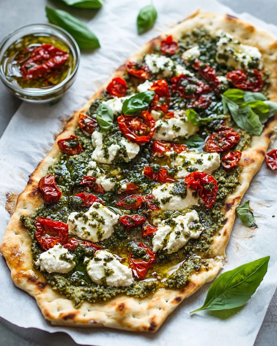 Delicious Hummus Flatbread with Sun-Dried Tomatoes & Pesto shot