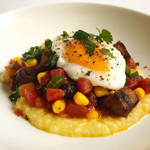Homemade Jalapeo Cheese Grits with Poached Eggs and Hash photo