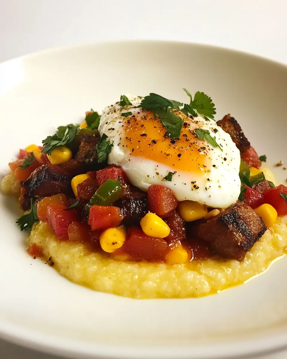 Homemade Jalapeo Cheese Grits with Poached Eggs and Hash photo