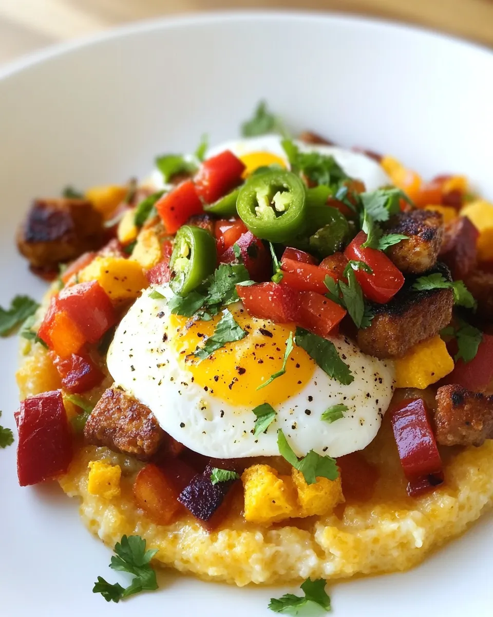 Classic Jalapeo Cheese Grits with Poached Eggs and Hash image