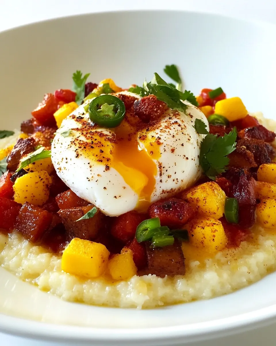 Easy Jalapeo Cheese Grits with Poached Eggs and Hash recipe photo
