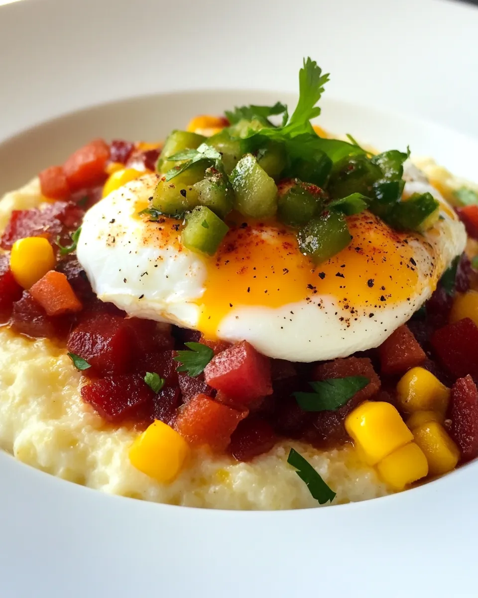 Delicious Jalapeo Cheese Grits with Poached Eggs and Hash shot