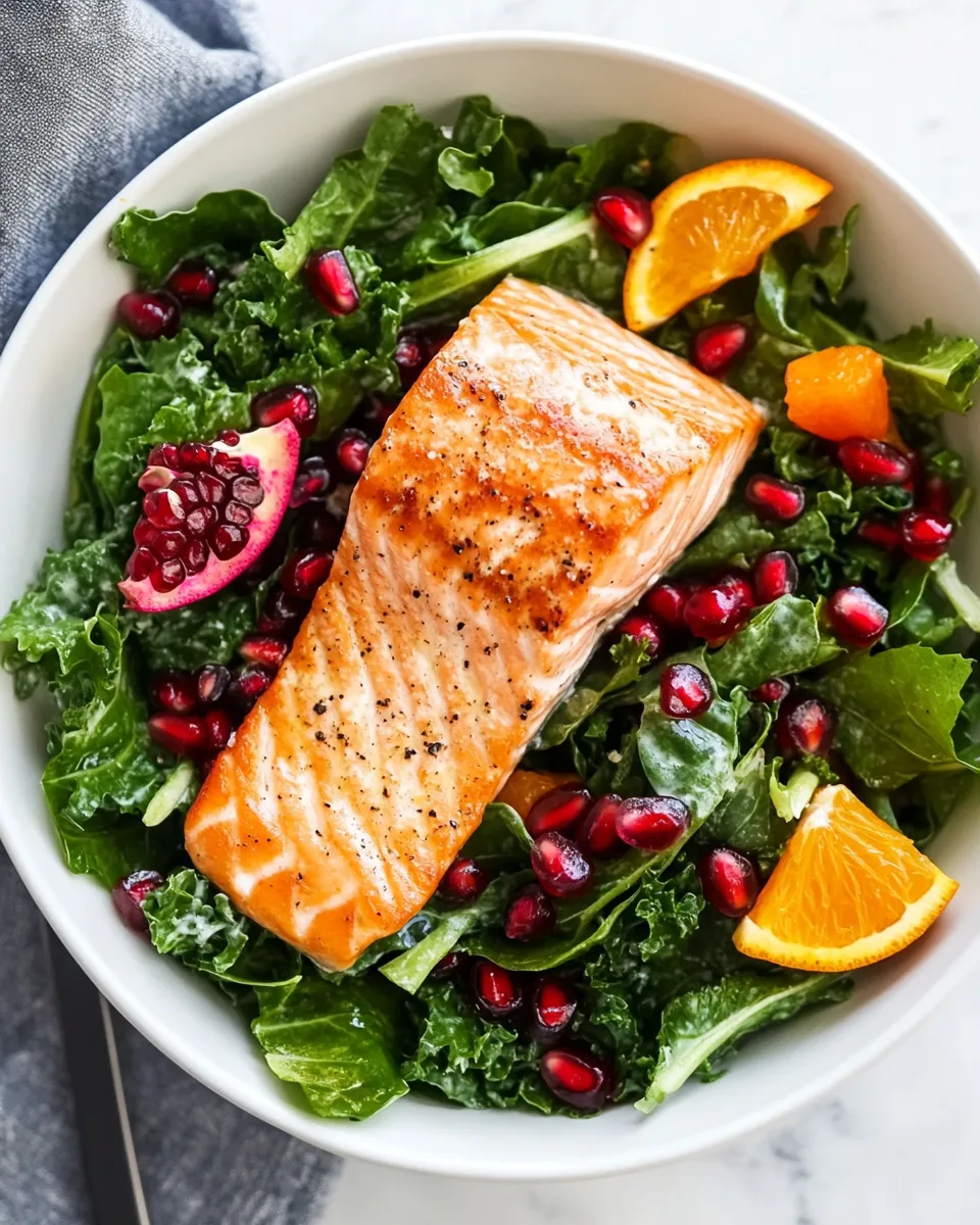 Delicious Kale Salad Recipe With Salmon, Pomegranate, And Orange-Coconut Vinaigrette recipe photo