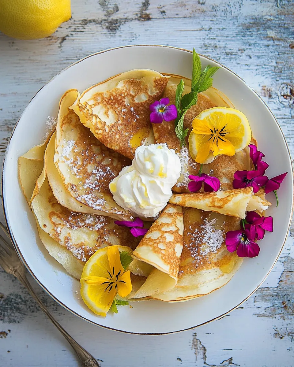 Classic Lemon Sugar Crepes with Whipped Cream Cheese. food shot