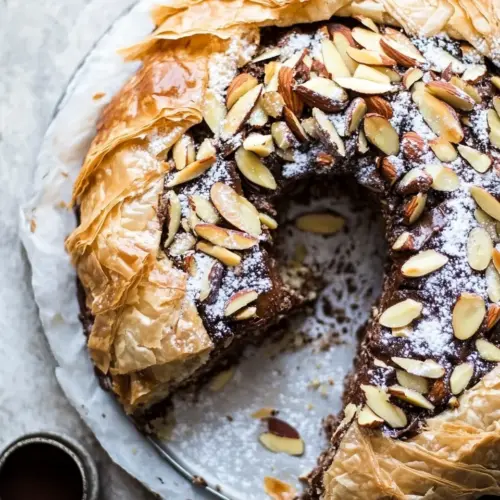 Sweet Moroccan Chocolate Almond Phyllo Cake (Snake Cake). photo