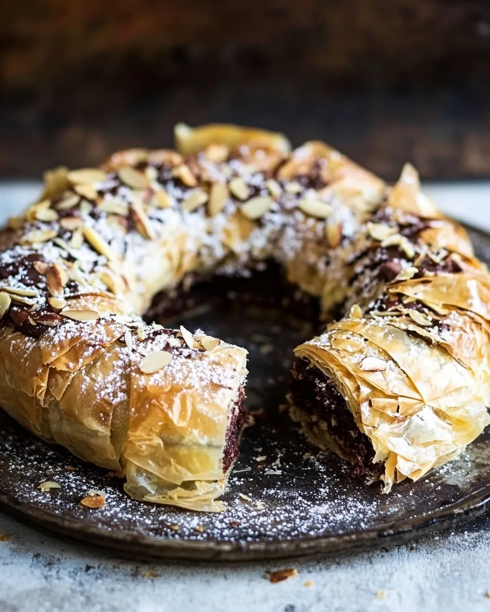 Amazing Moroccan Chocolate Almond Phyllo Cake (Snake Cake). recipe photo