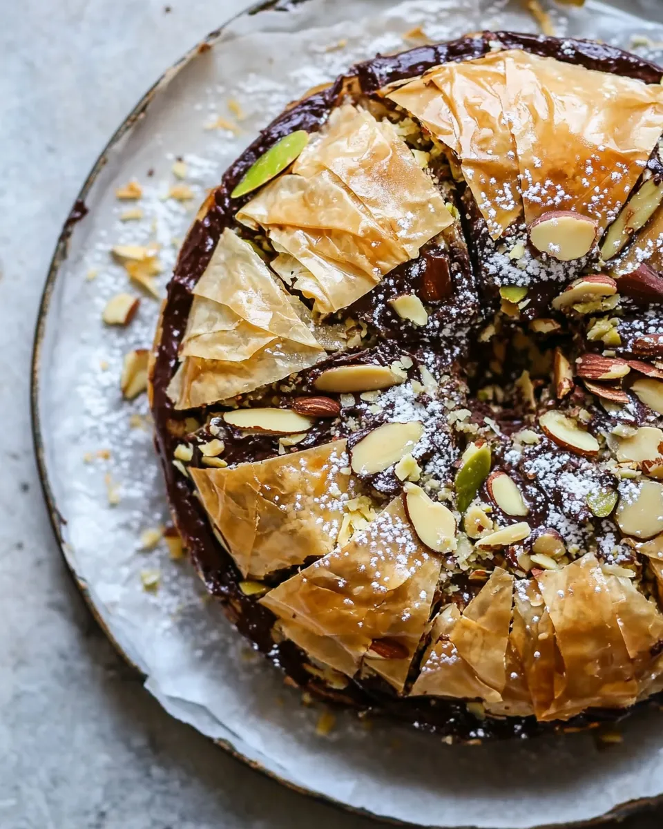 Classic Moroccan Chocolate Almond Phyllo Cake (Snake Cake). photo