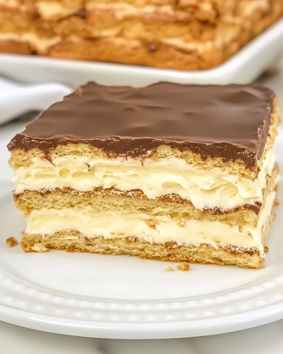 Quick No Bake Chocolate Eclair Cake (Icebox Cake) shot
