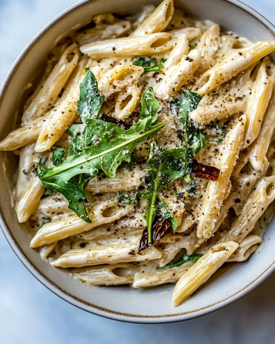 Classic One Pot Creamy Penne Alfredo with Spicy Arugula. dish image