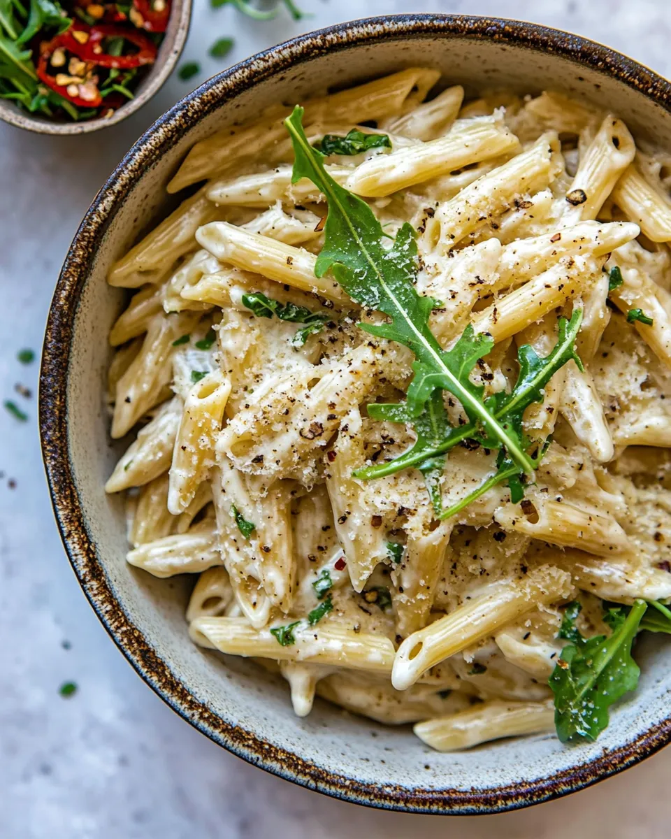 Amazing One Pot Creamy Penne Alfredo with Spicy Arugula. recipe photo