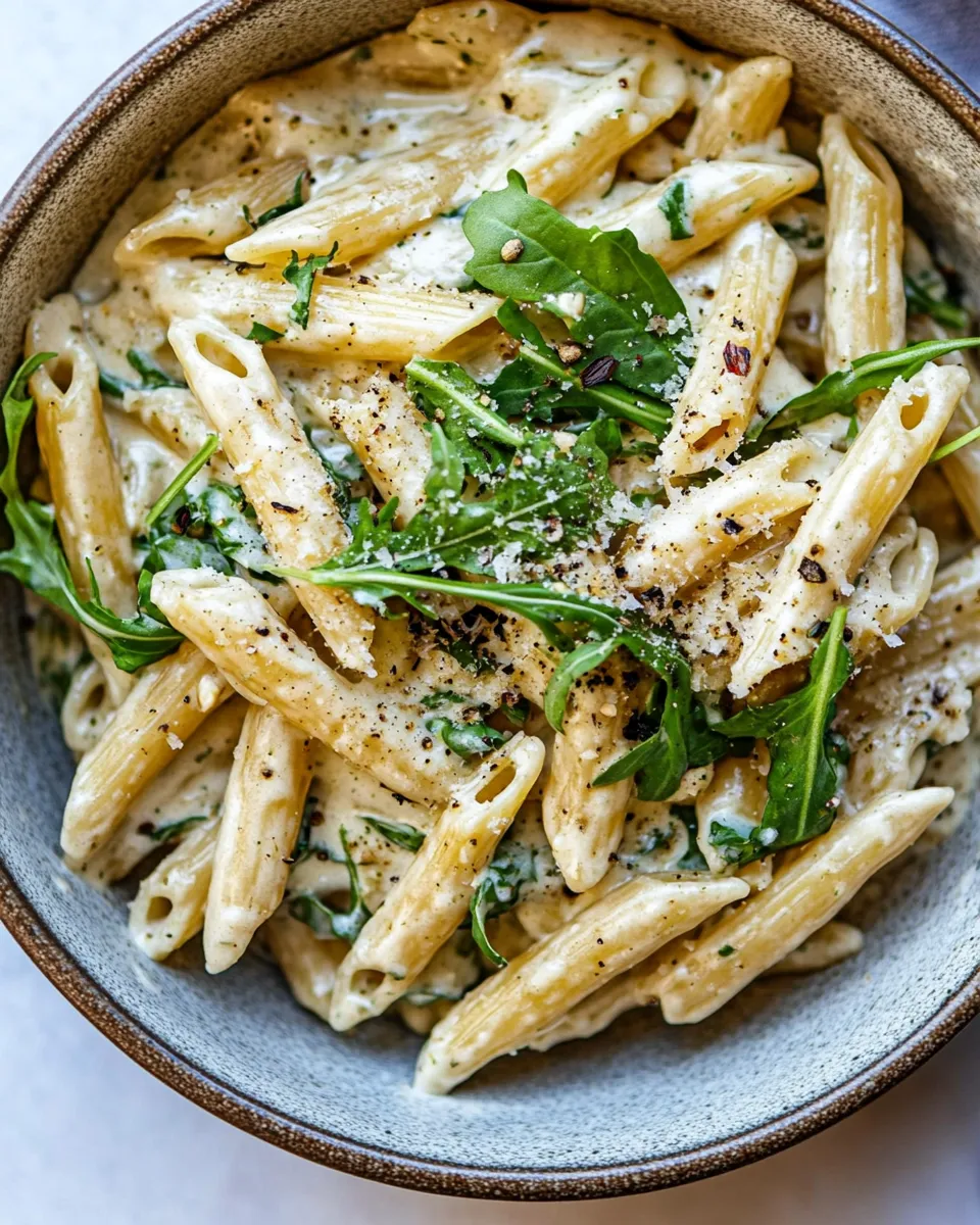 Best One Pot Creamy Penne Alfredo with Spicy Arugula. food shot