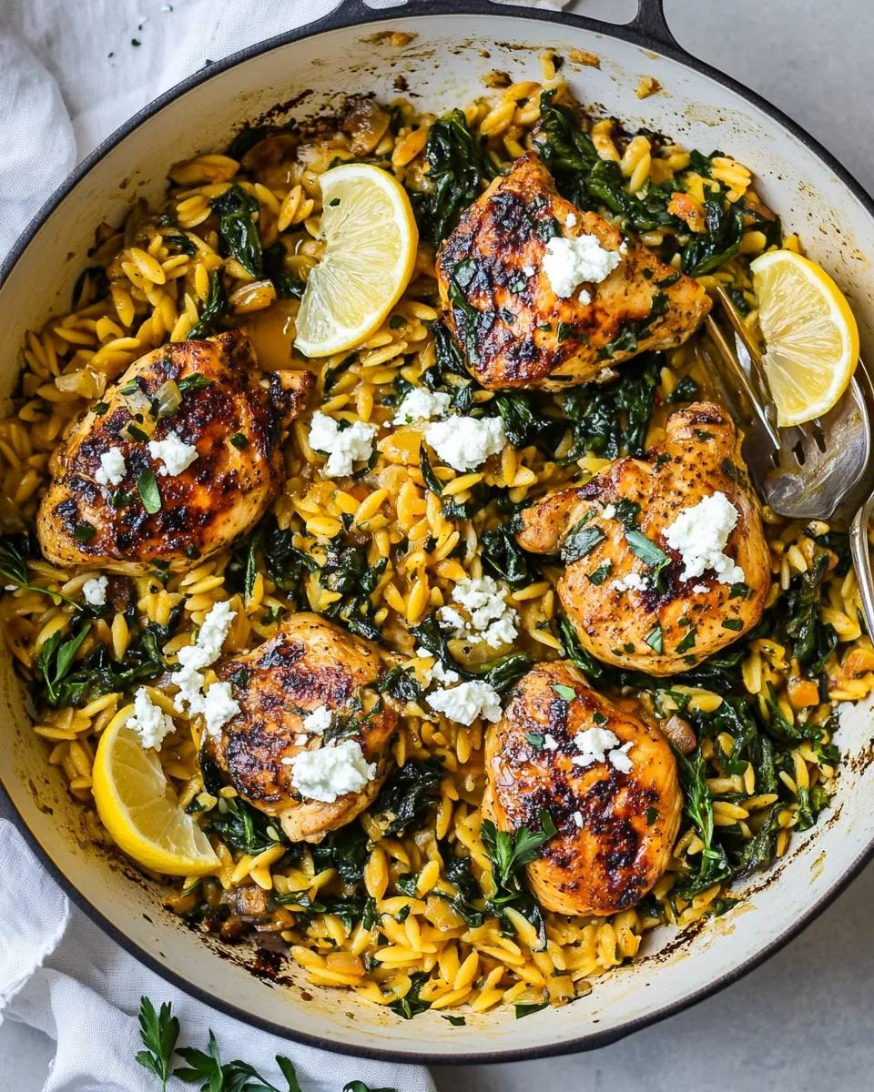 Easy One Skillet Lemon Butter Dijon Chicken and Orzo with Feta Sauce. image