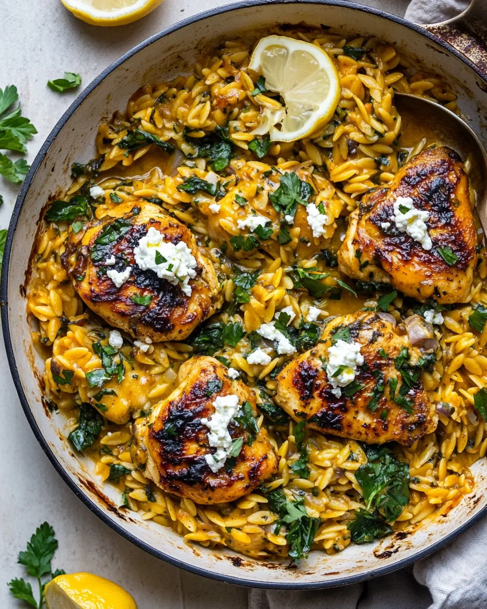 Homemade One Skillet Lemon Butter Dijon Chicken and Orzo with Feta Sauce. picture