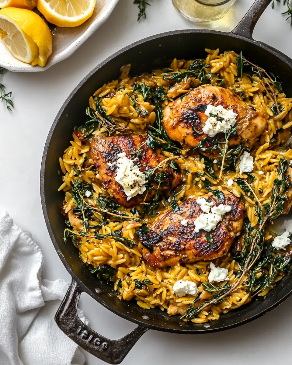 Ultimate One Skillet Lemon Butter Dijon Chicken and Orzo with Feta Sauce. picture