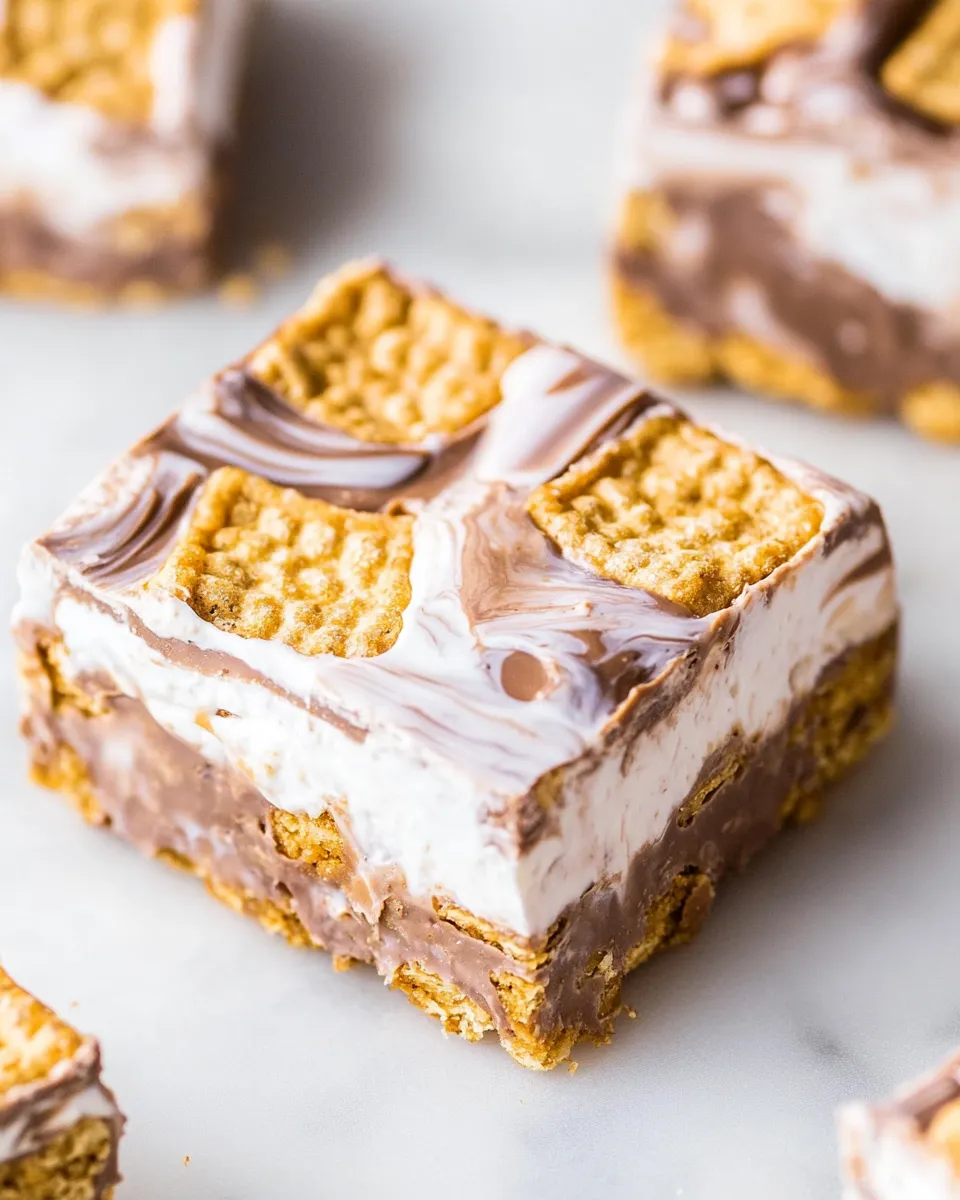 Delicious Peanut Butter Cup Golden Grahams Smores Bars. image