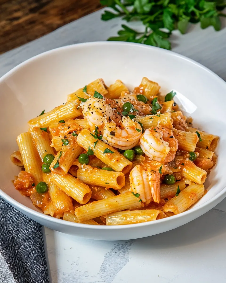 Delicious Shrimp and Pea Rigatoni image