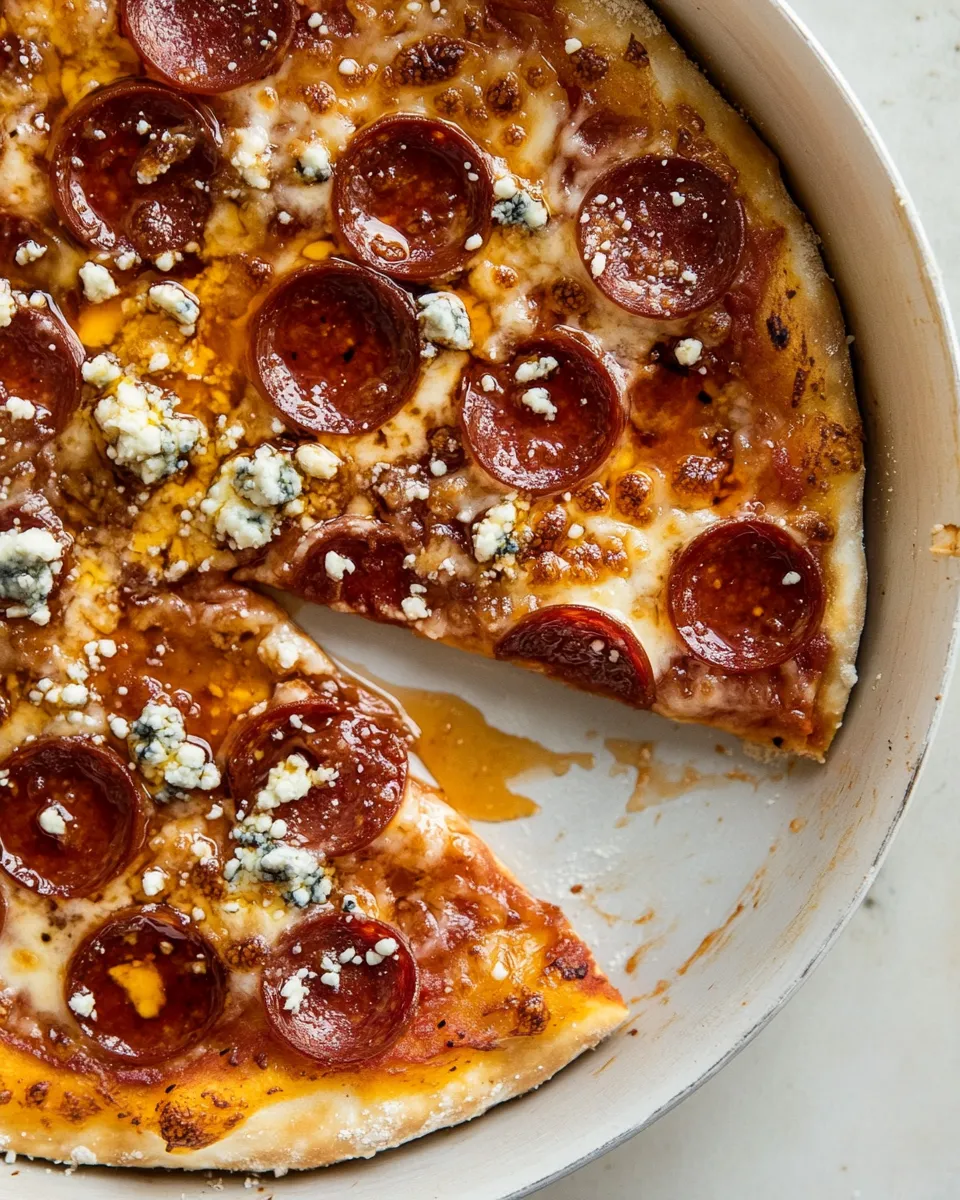 Quick Skillet Pepperoni Pizza with Hot Honey and Blue Cheese. dish image