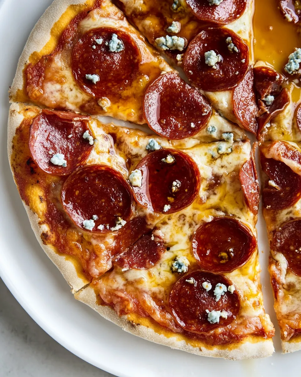 Sweet Skillet Pepperoni Pizza with Hot Honey and Blue Cheese. shot