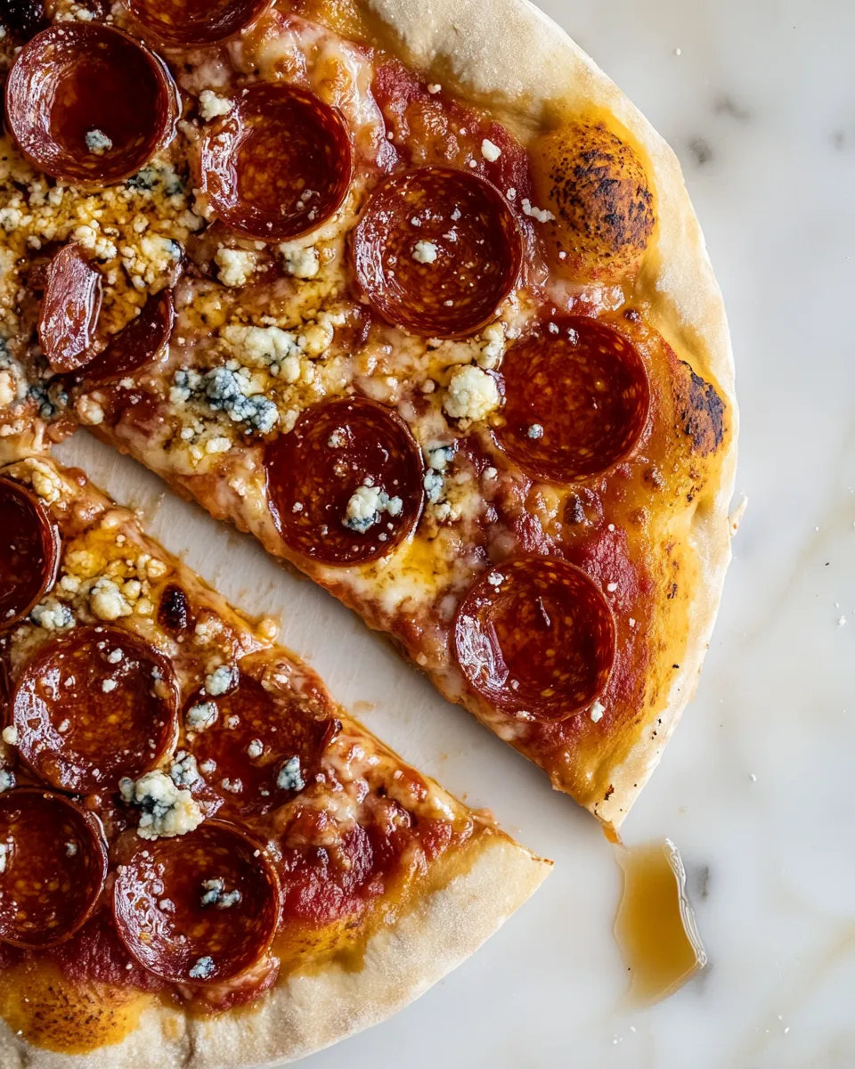 Fresh Skillet Pepperoni Pizza with Hot Honey and Blue Cheese. picture