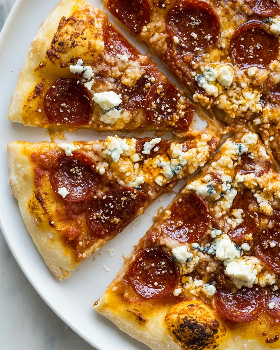 Fresh Skillet Pepperoni Pizza with Hot Honey and Blue Cheese. food shot