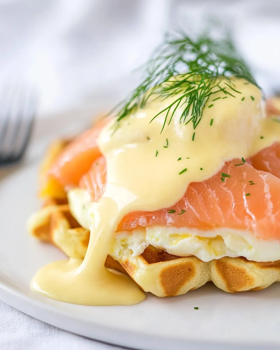 Classic Smoked Salmon Eggs Benedict with Dill Waffles shot