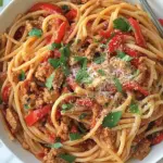 Homemade Spicy Whole Wheat Linguini with Sausage and Roasted Peppers photo
