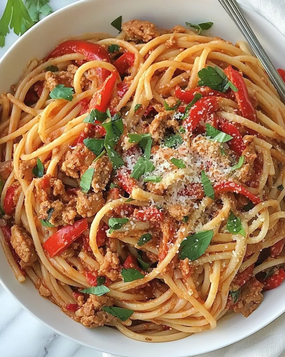 Homemade Spicy Whole Wheat Linguini with Sausage and Roasted Peppers photo