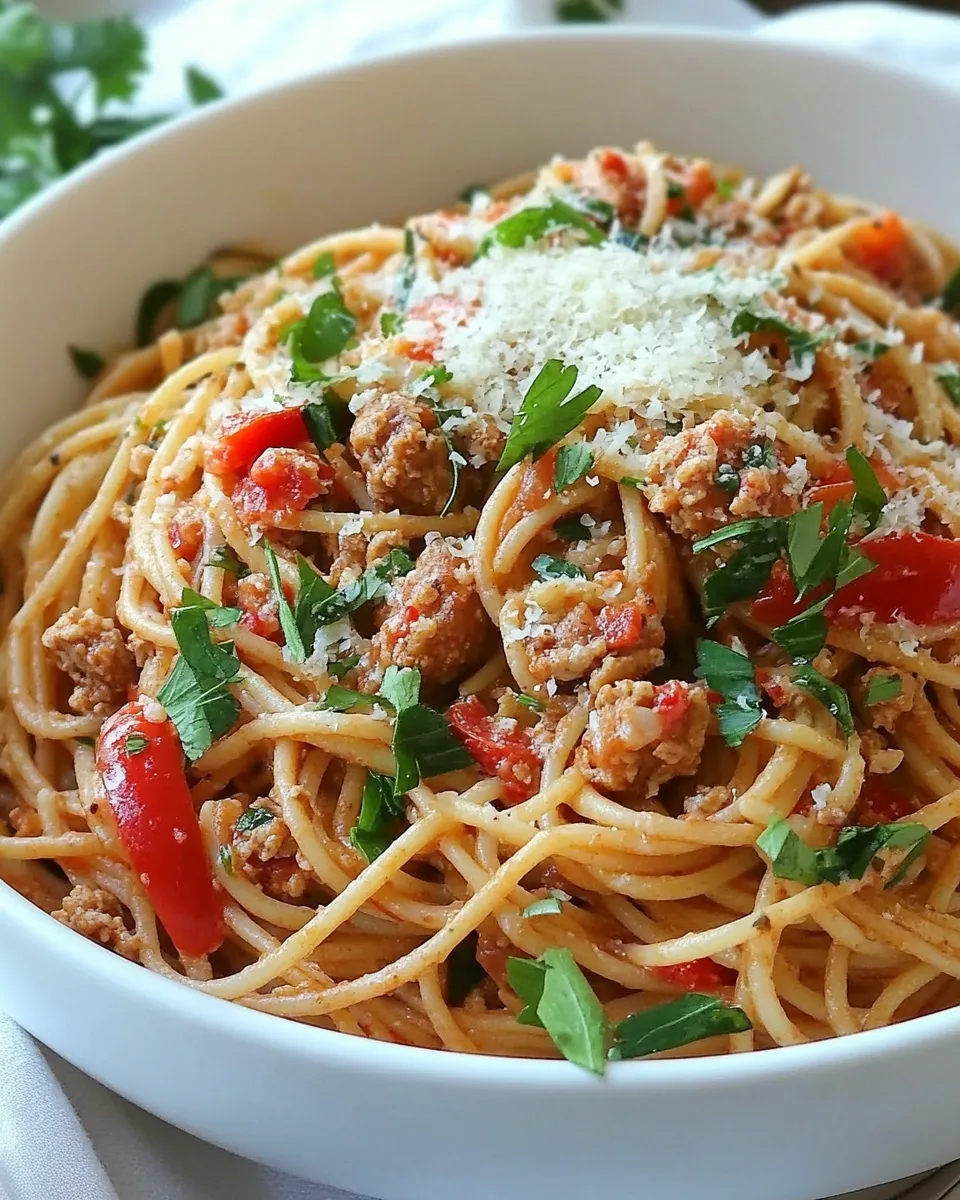 Delicious Spicy Whole Wheat Linguini with Sausage and Roasted Peppers image
