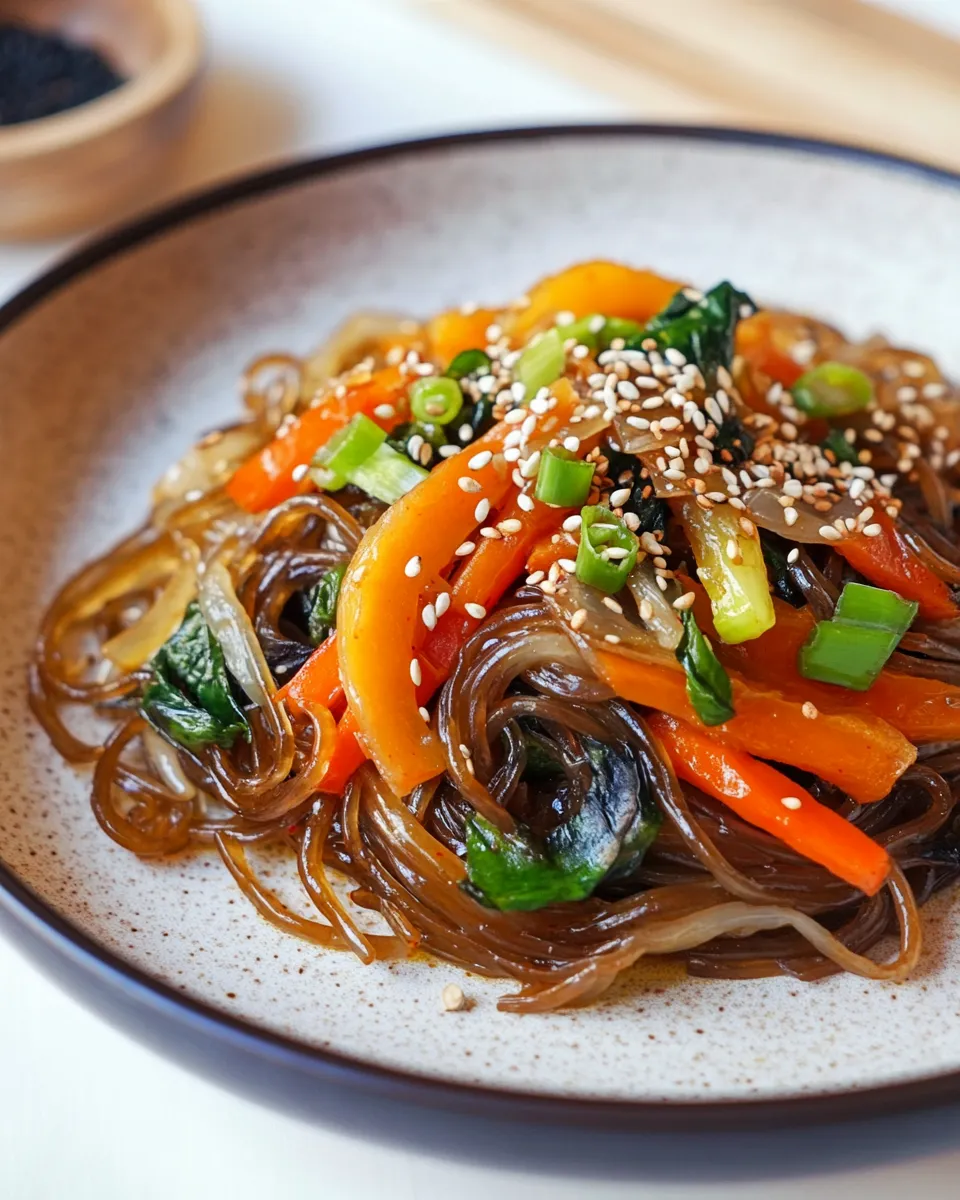 Quick Vegan Japchae Style Noodles (stir-fried sweet potato noodles) shot