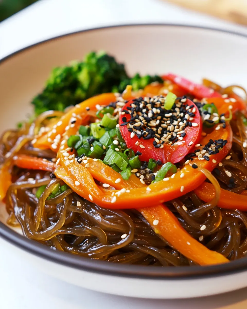 Healthy Vegan Japchae Style Noodles (stir-fried sweet potato noodles) recipe image